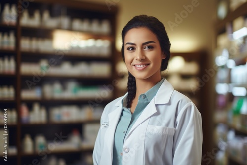 Young Medical Girl standing in the warehouse of a pharmacy in a white coat in front of shelves with medicines and smiling . Medicine