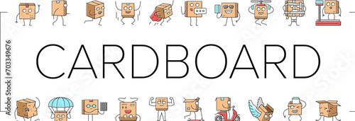 cardboard character box package icons set vector. delivery happy, parcel shipping, smile mail, carton cute, cargo fun, transportation cardboard character box package color line illustrations