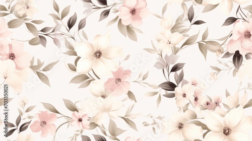  a white and pink floral wallpaper with leaves and flowers on a light pink background with black and white leaves and flowers on a light pink background.