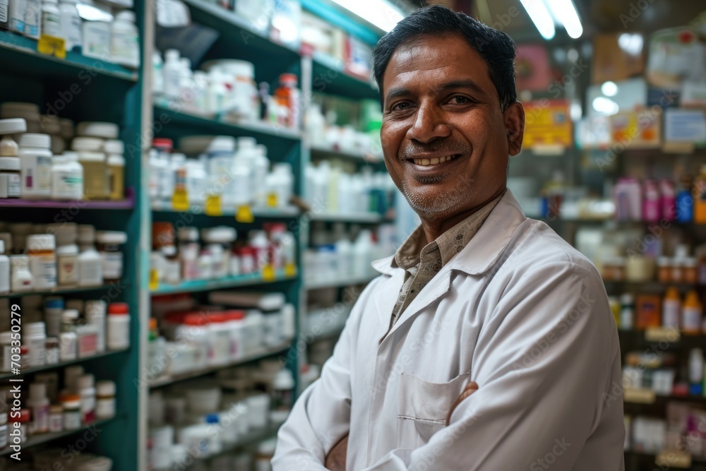 A man from India stands in a pharmacy in a white coat in front of shelves of medicines. Medicine