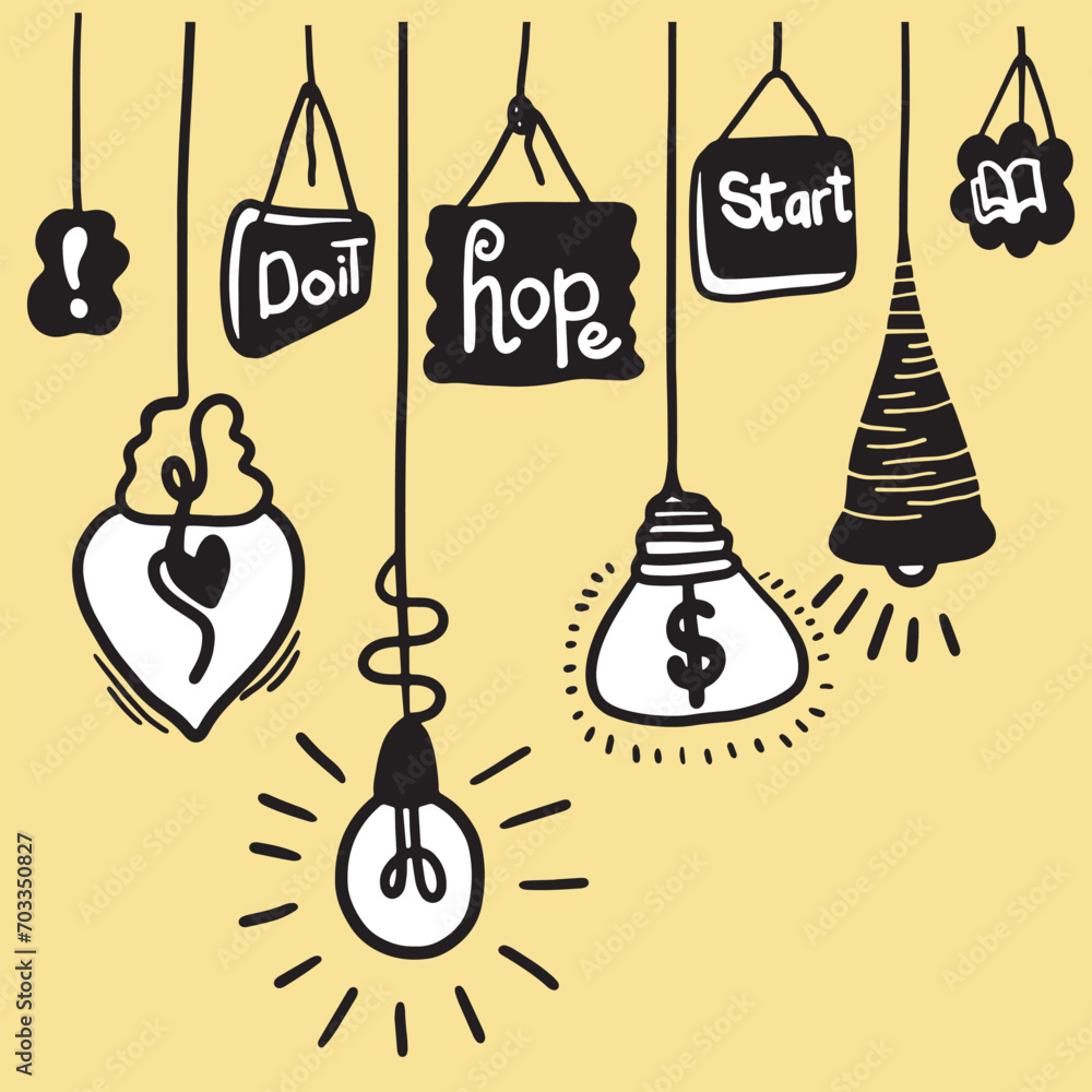 Hand drawn light bulb icons with concept of idea. Doodle style. Vector illustration. Hand drawn light bulb icons with concept of idea. Doodle style. Vector illustration.