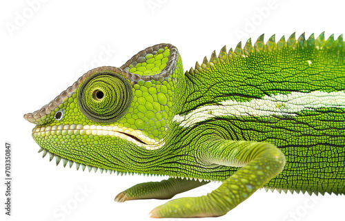Macro of a green chameleon head isolated on a white background