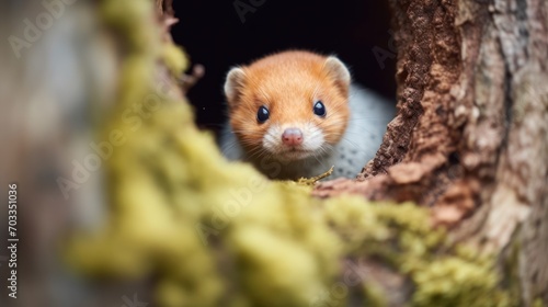  a small hamster peeks out of a hole in the bark of a tree with moss growing on it. © Anna