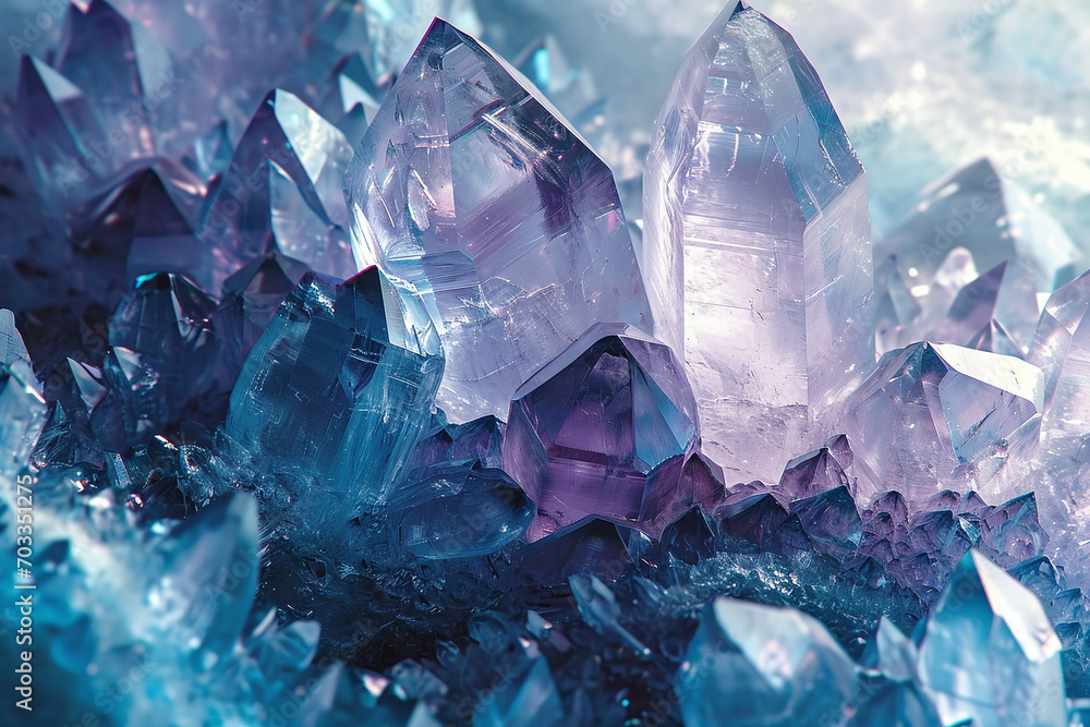 Crystal garden of icy blue and lavender, a frozen landscape of quartz captured in stunning detail and clarity