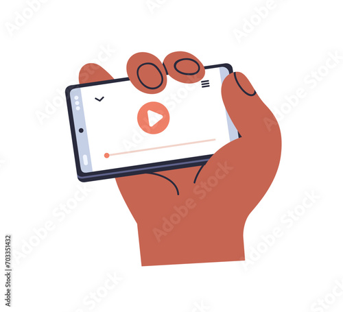 Playing video on phone screen, mobile app. Watch movie online on smartphone, holding cellphone in hand. Digital player on horizontal cell display. Flat vector illustration isolated on white background