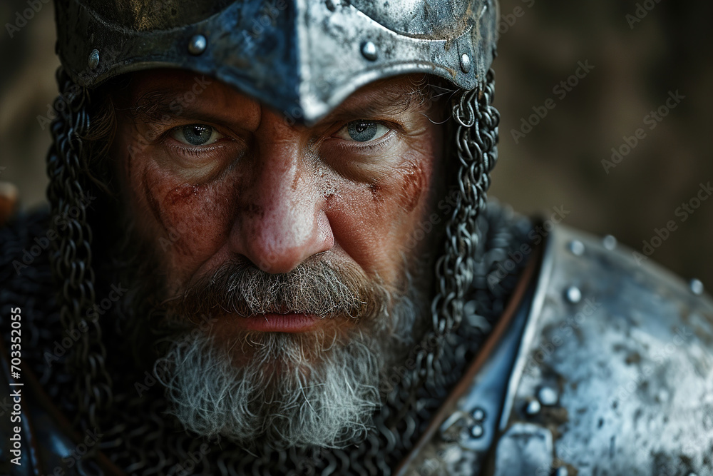 Portrait of a senior male knight medieval warrior in an iron open helmet looking at camera Portrait of a senior male knight medieval warrior in an iron open helmet looking at camera