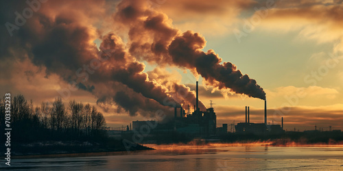 Factories emit smoke and clouds through the sky, Landscape Image with Copy Space