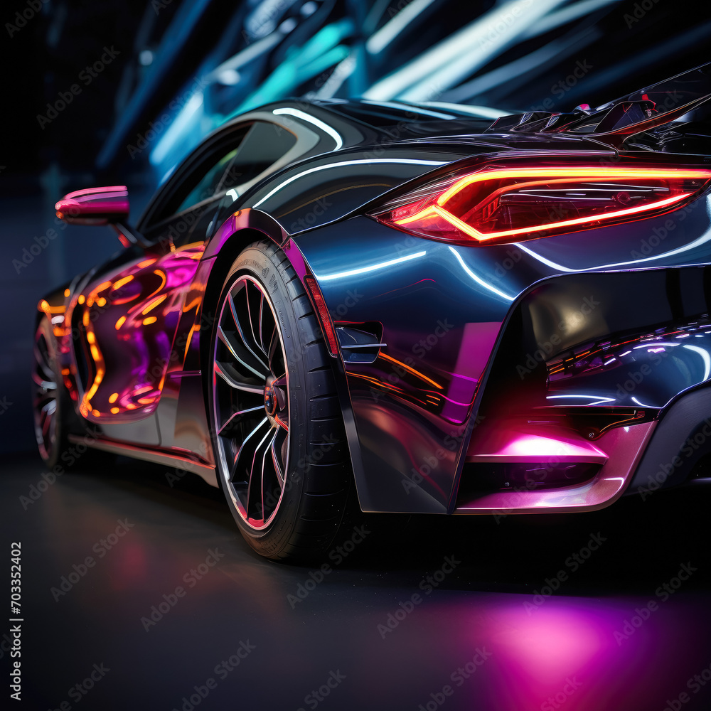 Aerodynamic body kit upgrade on a racing car in a vivid, energetic outdoor setting." "Customized intake manifold of a high-performance vehicle in muted, studio-lit surroundings - obrazy, fototapety, plakaty 