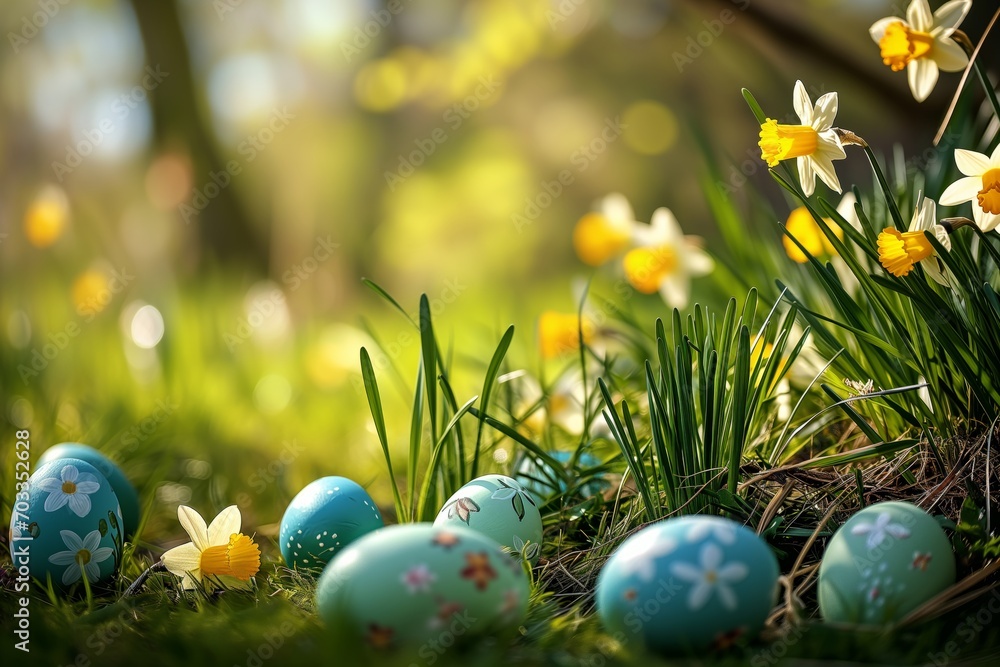Painted Easter eggs in a meadow in green grass, with daffodils in bloom Painted Easter eggs in a meadow in green grass, with daffodils in bloom