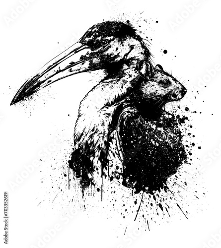 Illustration of black stork and mice head with splatter photo