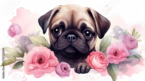A cute Pug puppy and pink flowers.Romantic background in watercolor style