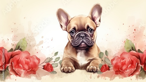 A cute french bulldog puppy and red flowers.Romantic background in watercolor style