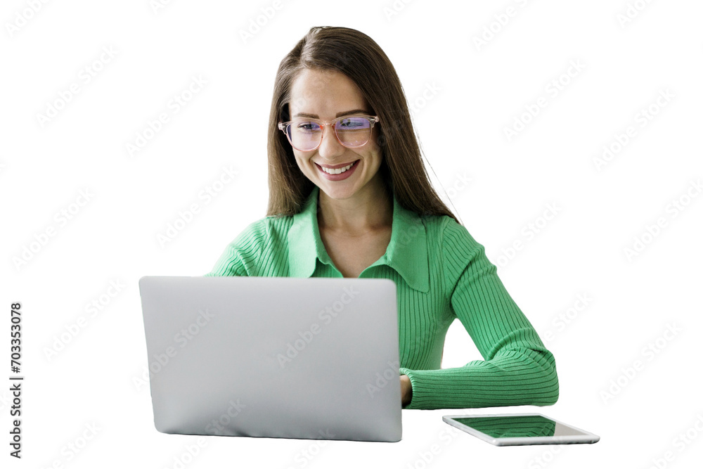 A young woman uses a laptop computer smiling with glasses, a workplace in the office. Transparent background. A young woman uses a laptop computer smiling with glasses, a workplace in the office. Transparent background.