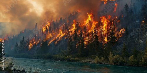 Forest fire in the mountains  Landscape Image with Copy Space