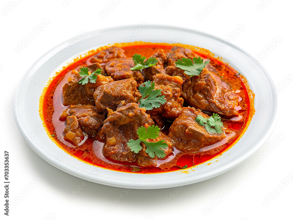 A plate of delicious beef curry isolated on white background. A plate of delicious beef curry isolated on white background.
