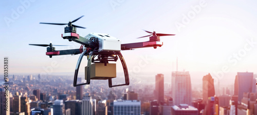 Drone delivery delivering post package, Technological shipment innovation drone fast delivery concept, and safe delivery. Drone flying through the air with a delivery box package photo