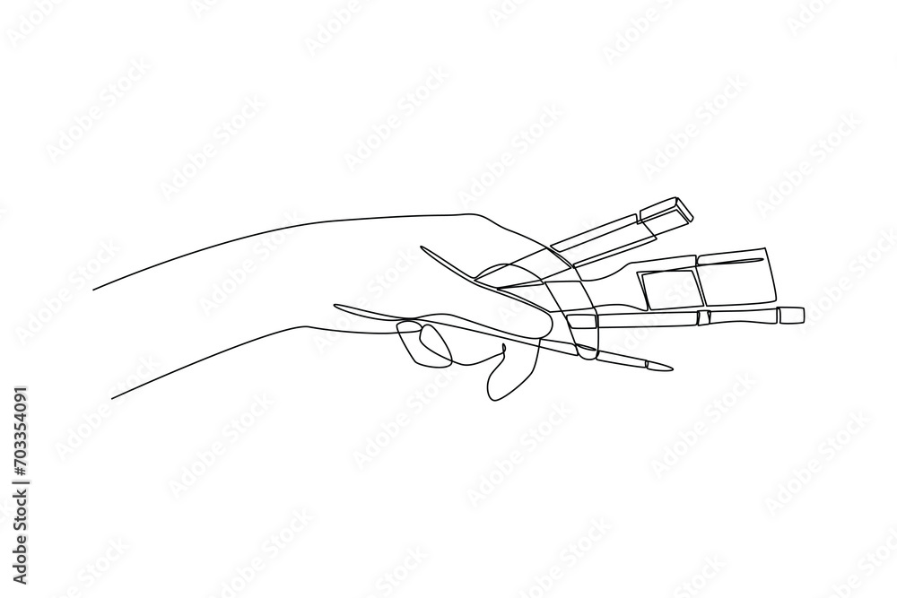 Continuous one line drawing people holding drawing tools. Stationery Concept. Single line draw design vector graphic illustration.