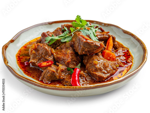 A plate of delicious beef curry isolated on white background. 