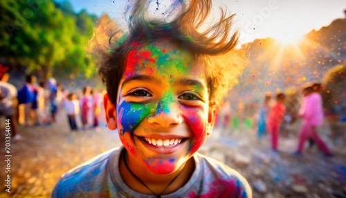Kid's Face Covered in Colorful Paint in Joy