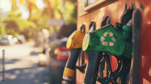 A green biofuel pump nozzle with a prominent recycle symbol, representing eco-friendly and sustainable alternative energy sources derived from organic and waste materials.