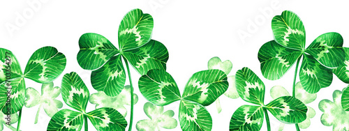 Clover seamless Border. Watercolor illustration for St. Patrick's Day. Hand drawn on isolated background. Drawing of Shamrock pattern. Painting of four leaf plant for greeting card and invitation photo