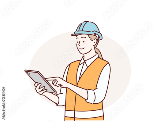 Female Engineer in white Hard hat using Tablet Computer.   Working on Interior Design. Hand drawn style vector design illustrations.