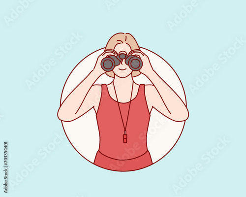 Accident prevention and water rescue. Attractive female in lifeguard outfit red swimwear on duty looking through binocular on blue. Hand drawn style vector design illustrations.