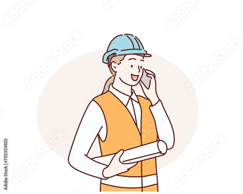 engineer in hardhat and safety vest talking on mobile phone.  Hand drawn style vector design illustrations.