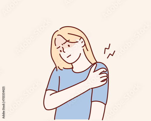 Woman with muscle pain. Sport trauma and sickness. Hand drawn style vector design illustrations.