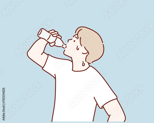 young man drinks water on a bottle. Hand drawn style vector design illustrations.