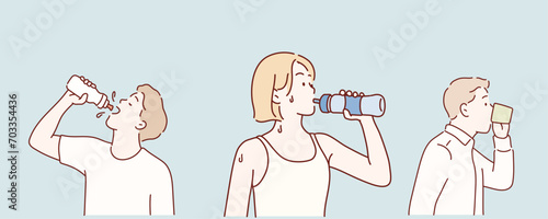 Men and women drinking water from plastic bottles and glasses set. Hand drawn style vector design illustrations.