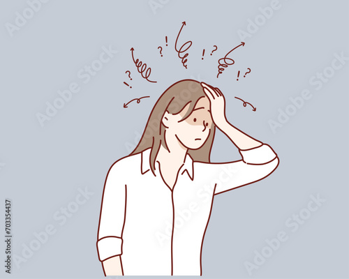 woman hold her head because of illness or stress at work. Hand drawn style vector design illustrations.