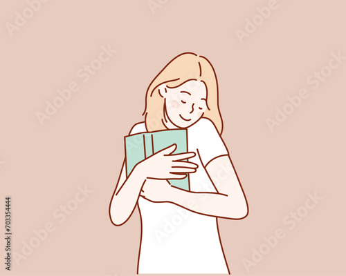 cheery dreamy smart yellow-haired woman hugging book. Hand drawn style vector design illustrations.