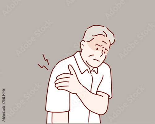 Senior man with shoulder pain. Elderly woman is enduring awful ache. Shoulder Pain In An Elderly Person. Hand drawn style vector design illustrations.