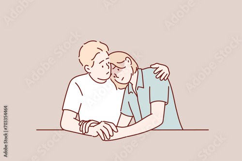 Young man consoling a sad woman in the living room at home.  Hand drawn style vector design illustrations.