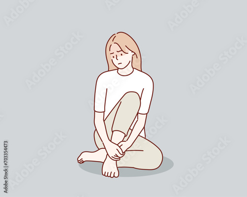 Sad and lonely teenager girl sitting in lotus position on the floor and lowered her head down. Depression, sorrow, sadness, mental disorder, illness. Hand drawn style vector design illustrations.