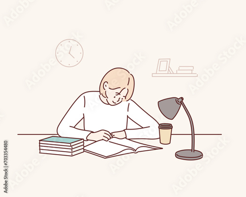 Smiling young woman sitting at desk working on laptop writing letter in paper notebook. Hand drawn style vector design illustrations.