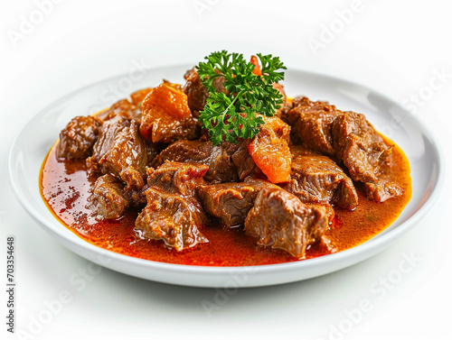 A plate of delicious beef curry isolated on white background. 