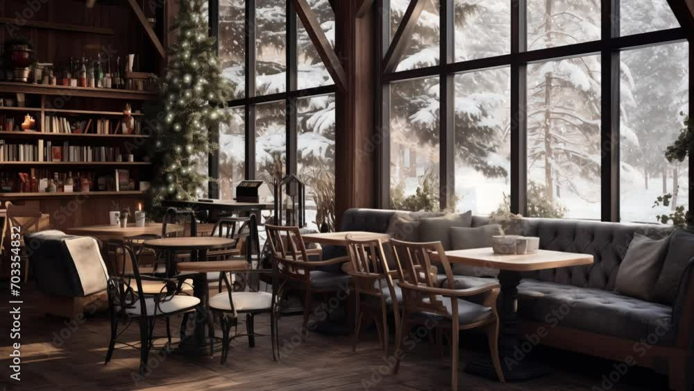 Cozy Winter Cafe Interior with Christmas Mood, Looped Footage Cozy Winter Cafe Interior with Christmas Mood, Looped Footage