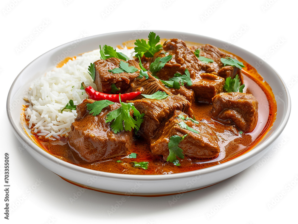 A plate of delicious beef curry isolated on white background. A plate of delicious beef curry isolated on white background.