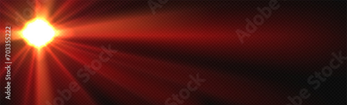 red glare of light, sun, lamp on a dark transparent background, isolated vector object. Rays of the sun, red light glare.