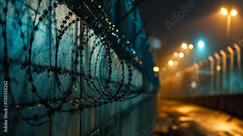 Barbed wire in prison. Steel fencing wire constructed with sharp edges or points arranged at intervals along the strands. Barb wire