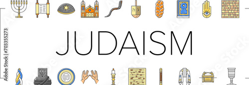 judaism jewish jew israel torah icons set vector. synagogue holocaust, hebrew israeli, kippur hanukkah, yom shofar, pray star candle judaism jewish jew israel torah color line illustrations