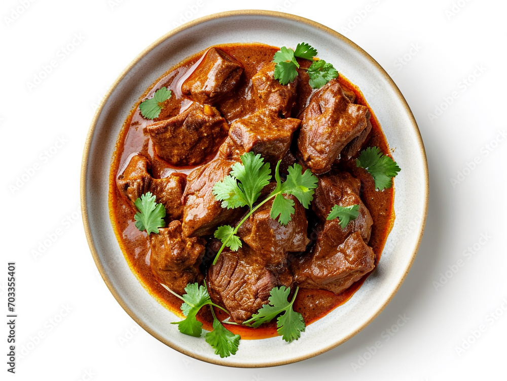 A plate of delicious beef curry isolated on white background.  