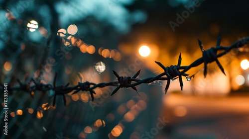 Barbed wire in priso. Steel fencing wire constructed with sharp edges or points arranged at intervals along the strands. Barb wire photo