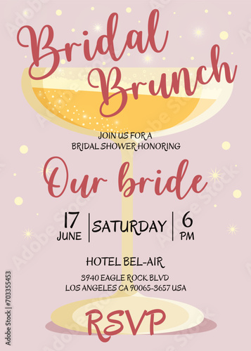 Brunch and bridal. Bridal shower invitation with glasses of champagne on pink background. Bachelorette party invitation template. Vector illustration. Bubble brunch.