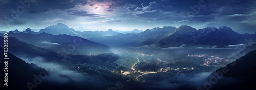 Foto Panorama shot of romantic valley at night at sunrise - you can see a city with l