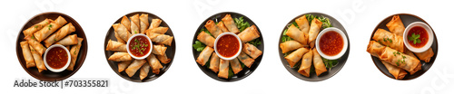 Collection plate of spring rolls with dipping sauce isolated on a transparent background, top view photo