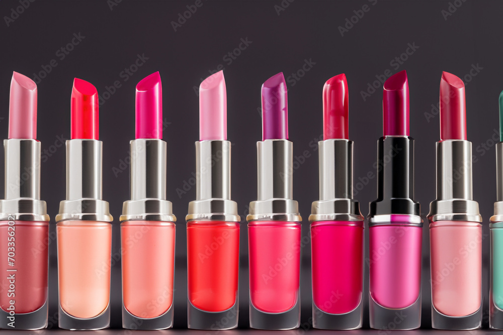 Obraz premium cosmetical tools. a large number of bright colored lipsticks stand in a row on a dark background, beauty concept