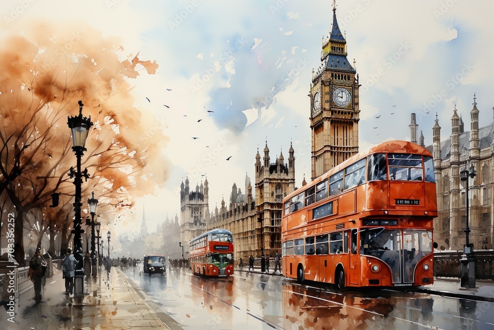 Views of London, UK drawing in the style of colored pencil and watercolor. in the style of 90s art. - obrazy, fototapety, plakaty 